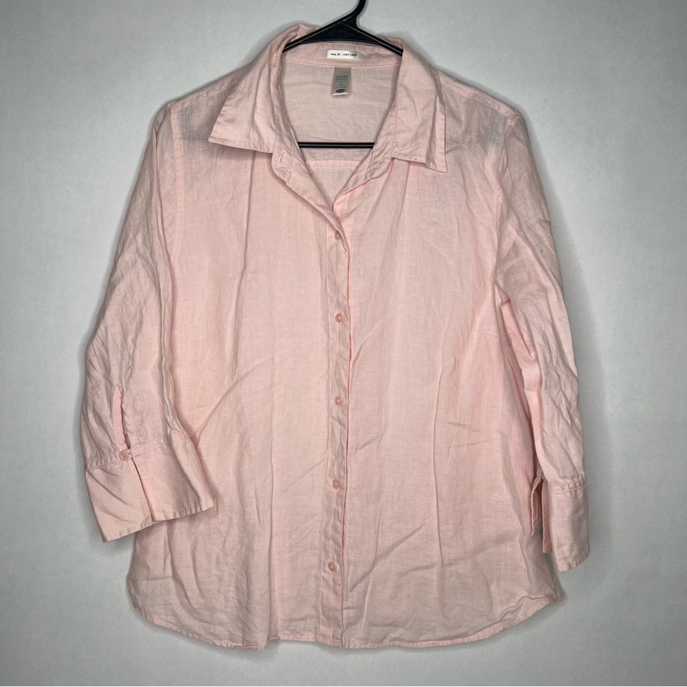 Old Navy Women's L Light Pink Shirt 100% Linen Button‎ Up Preppy 3/4 Sleeve